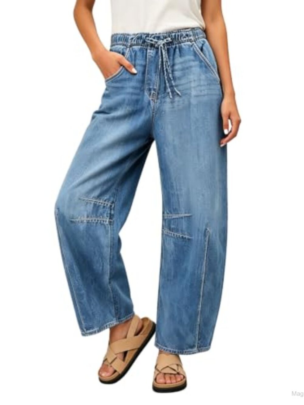 loveimgs Stretchy Cotton Barrel Jeans Drawstring Elastic Waist Wide Leg